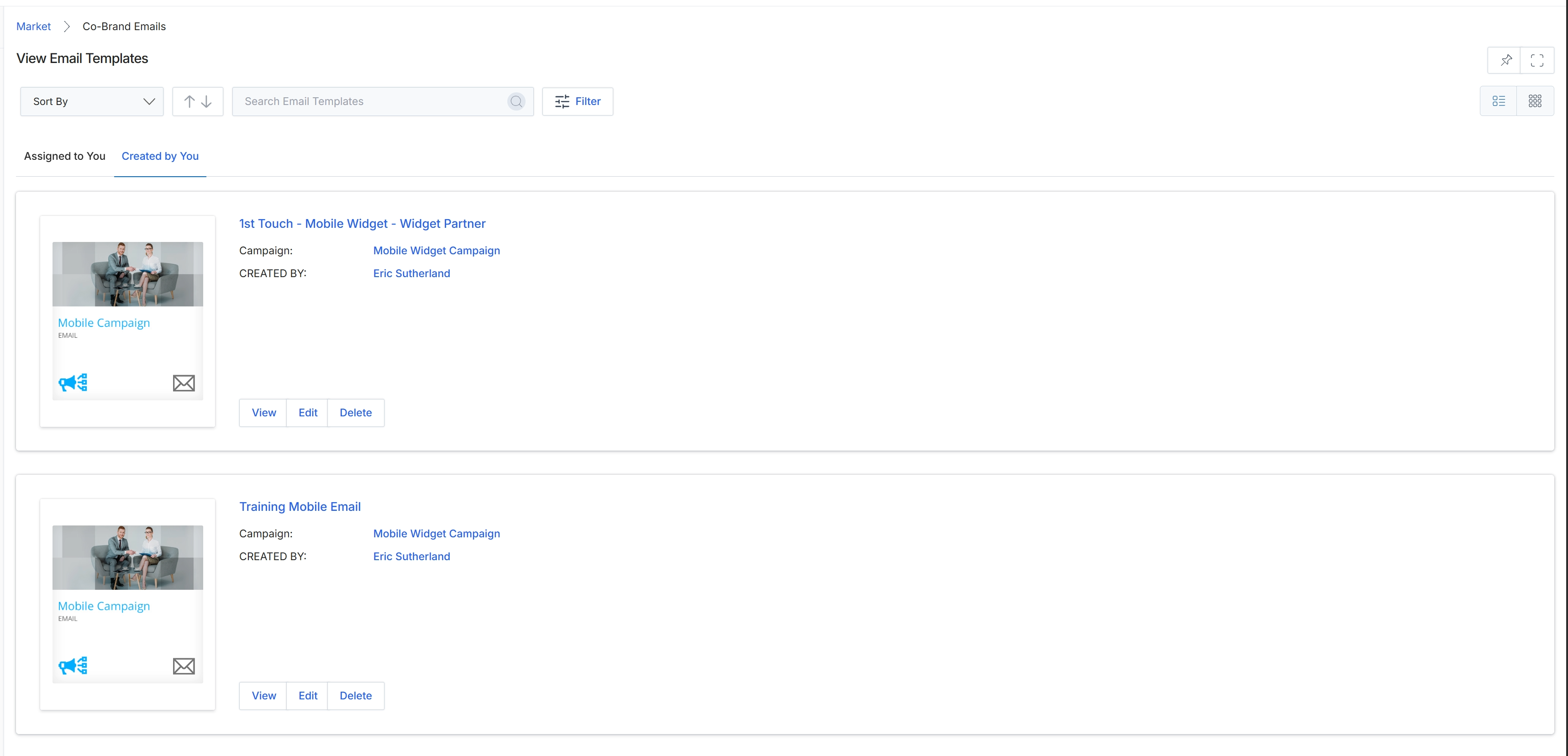 Co-Brand Emails list filtered by 'Created by You'