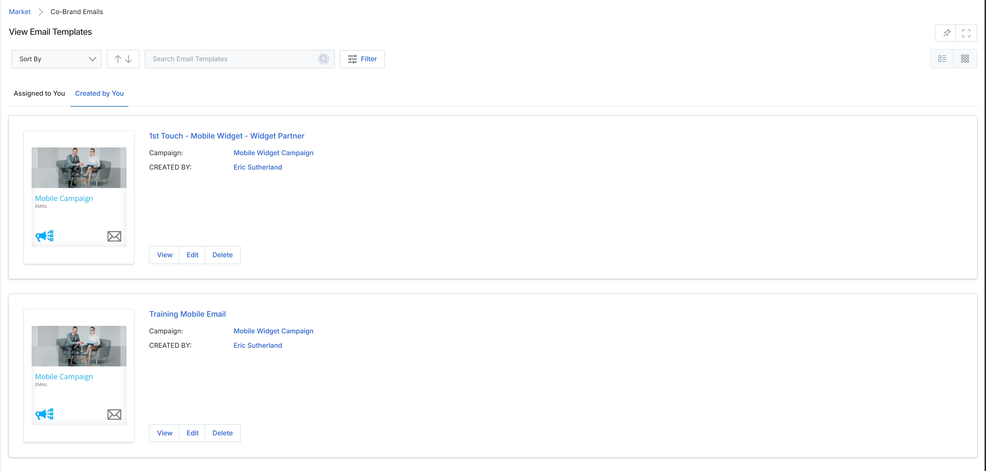 Email Templates list view