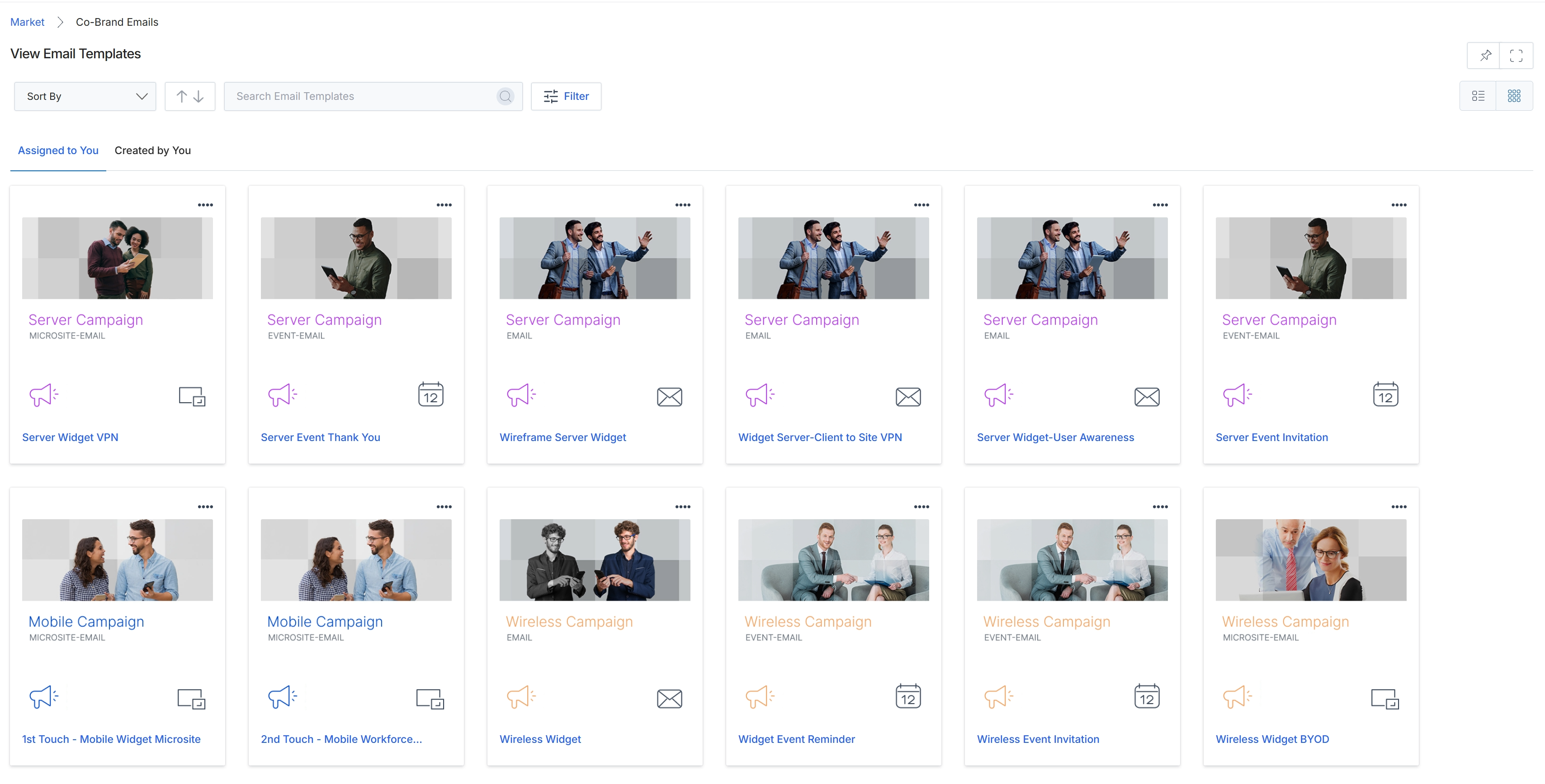 Email templates displayed in grid view