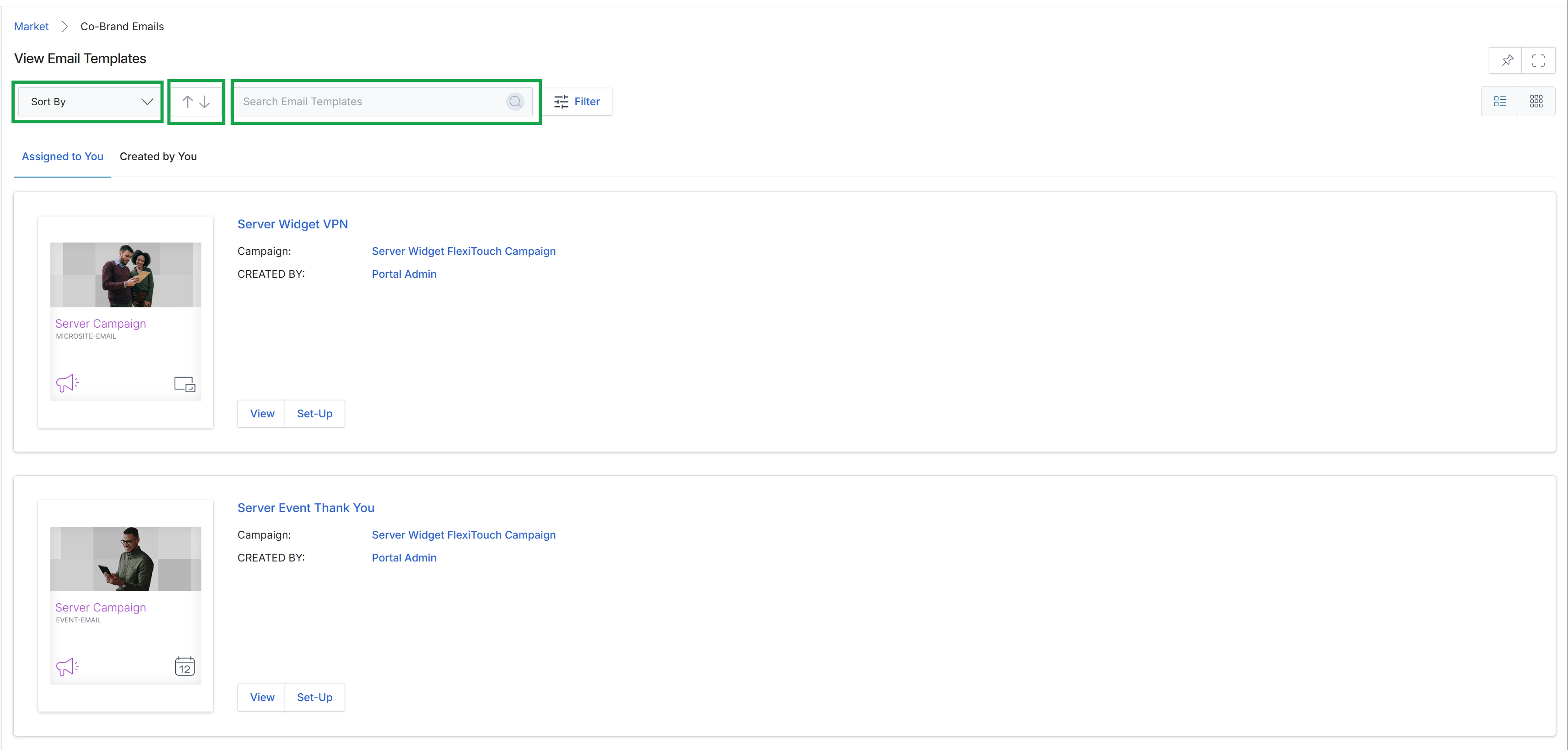 Email template list with search and sort options