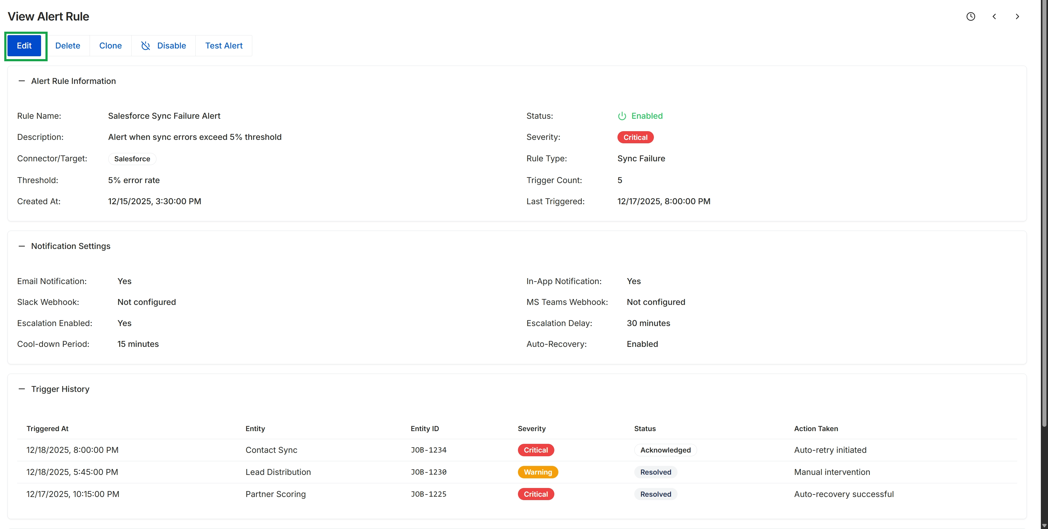 View Alert Rule page with Edit button highlighted