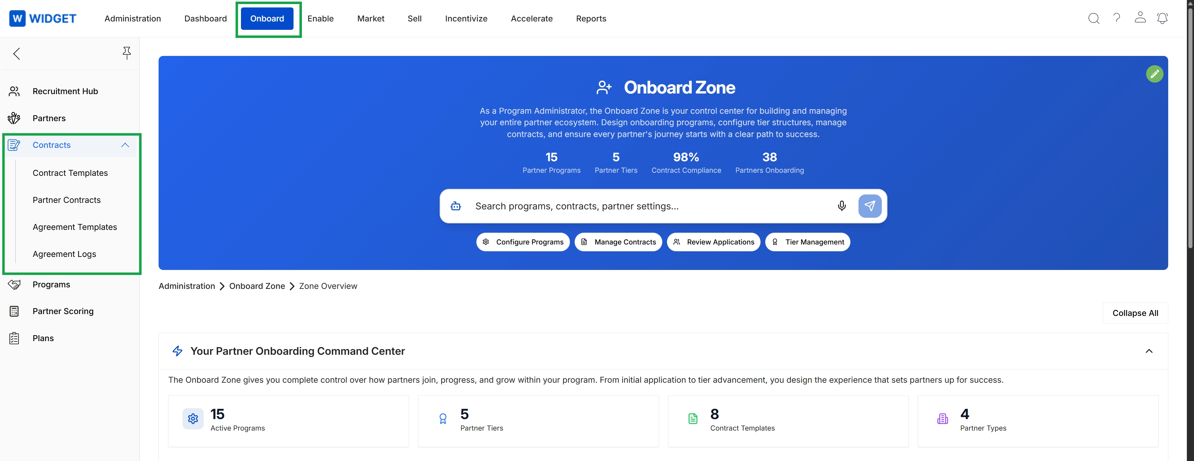 Onboard Zone overview with Contracts menu expanded