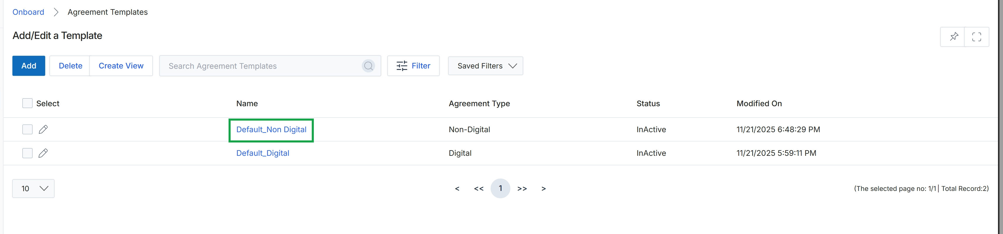 Agreement Templates list view