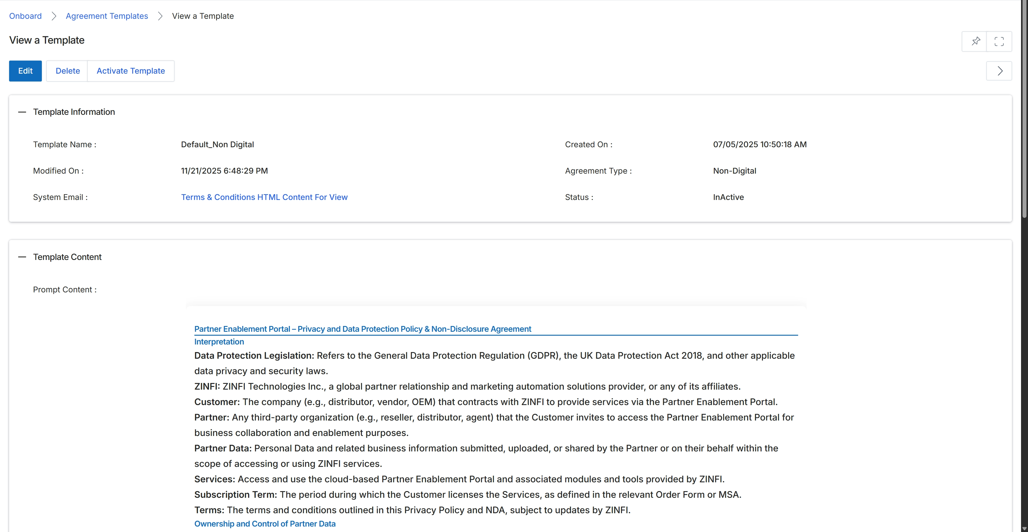 View Agreement Template details
