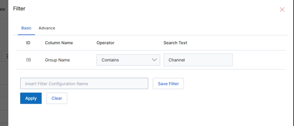 Filter dialog with basic options