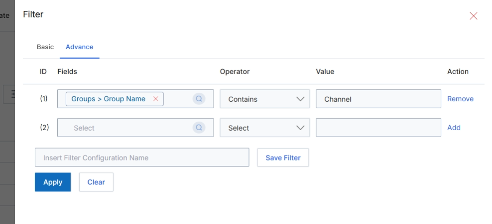 Advanced Filter configuration dialog