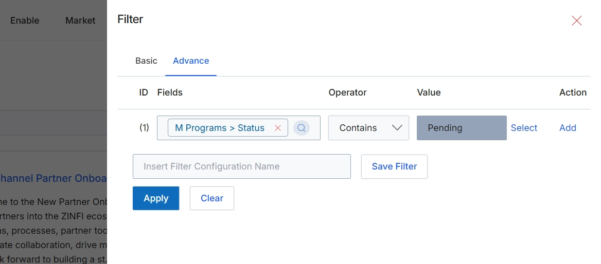 Advanced Filter configuration panel