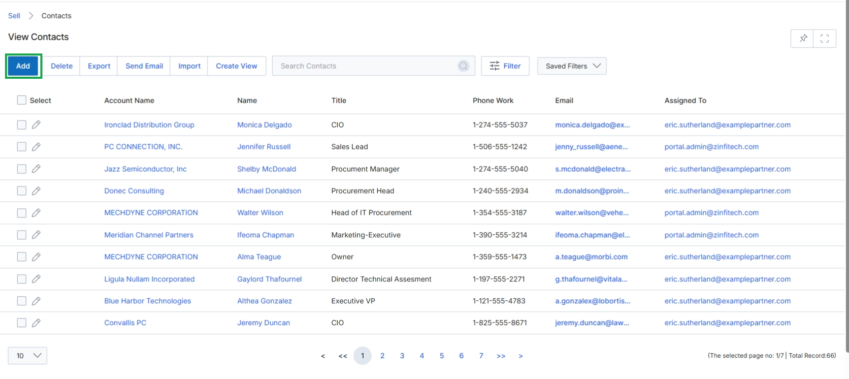 Contacts list view with Add button highlighted