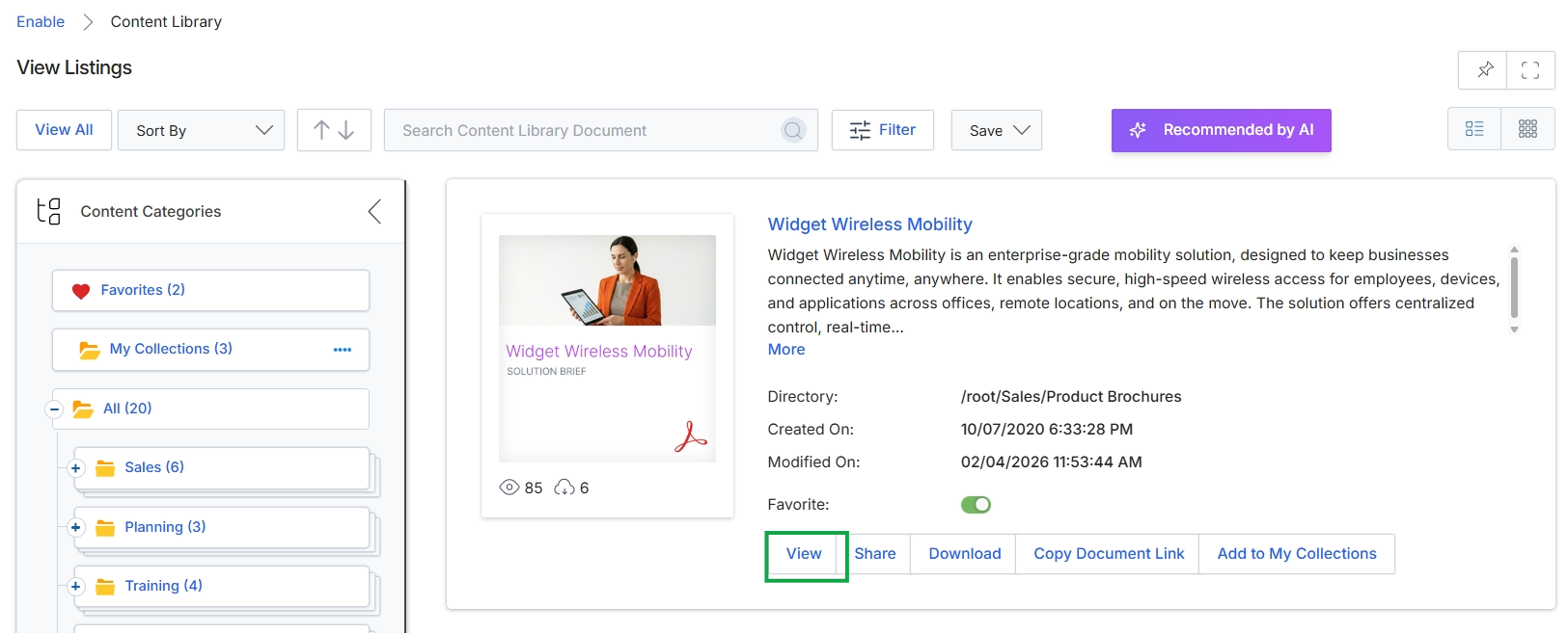 Content Library document details view