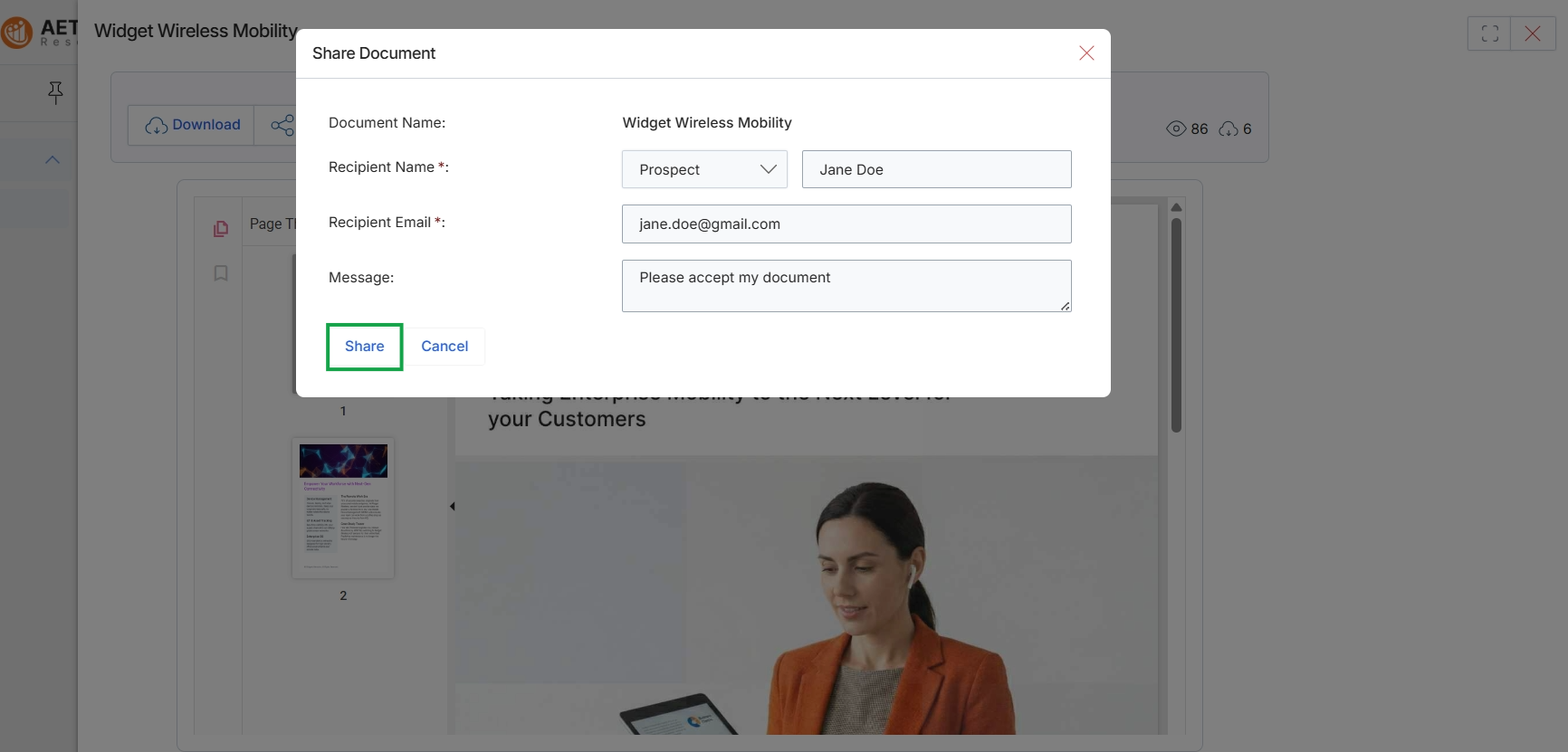 Share Document dialog