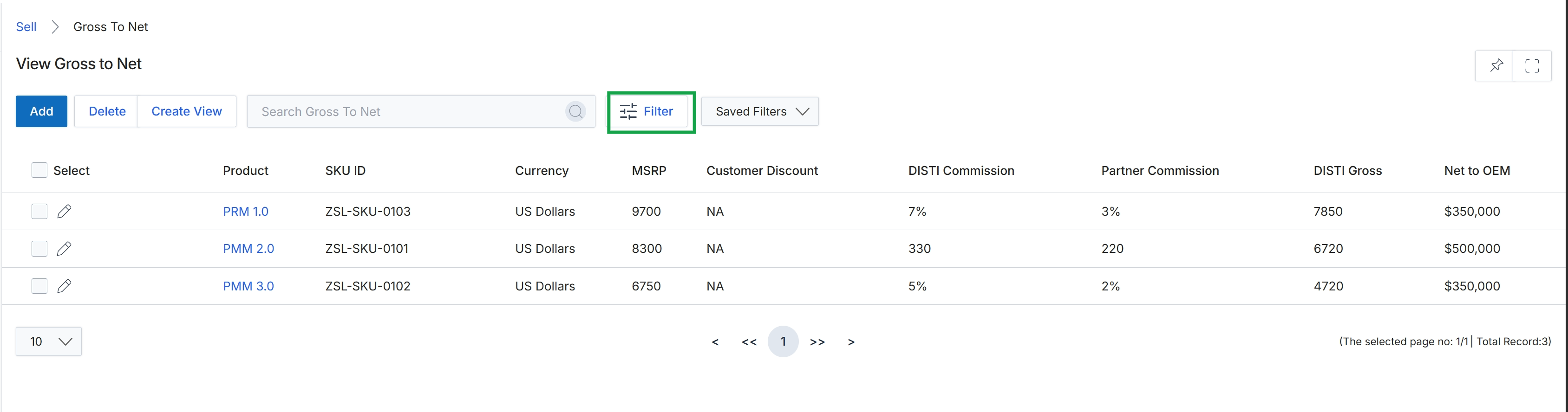 Gross to Net list view with Filter button highlighted