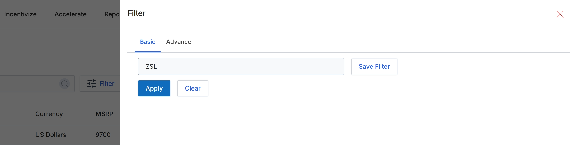 Filter dialog for list refinement