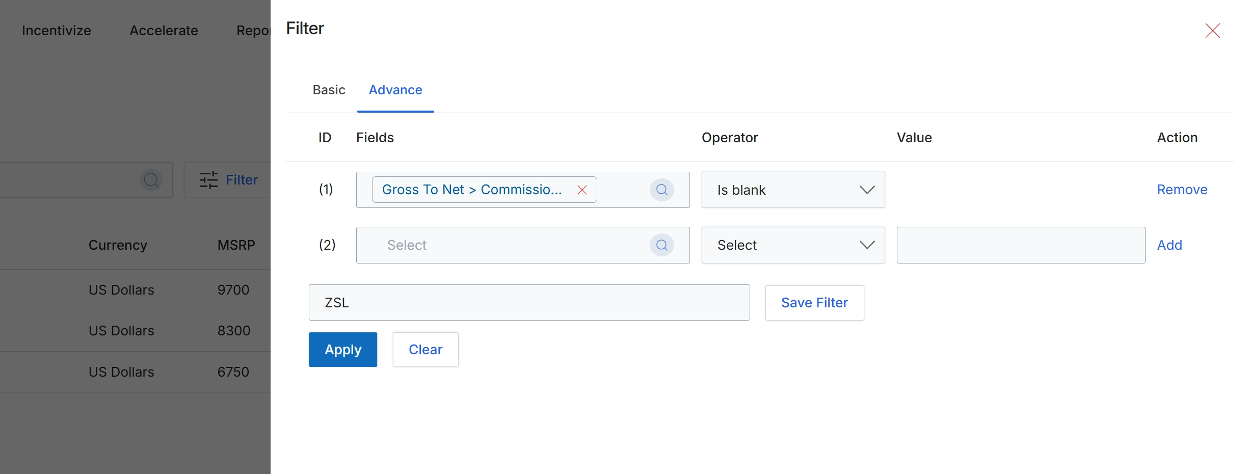 Advanced Filter dialog