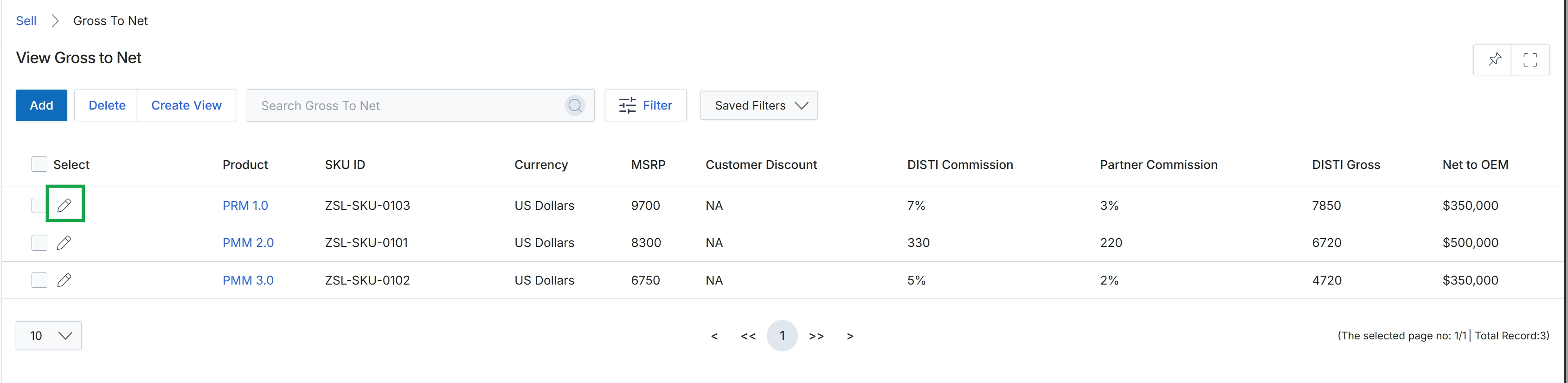 Gross to Net list view with Edit icon highlighted