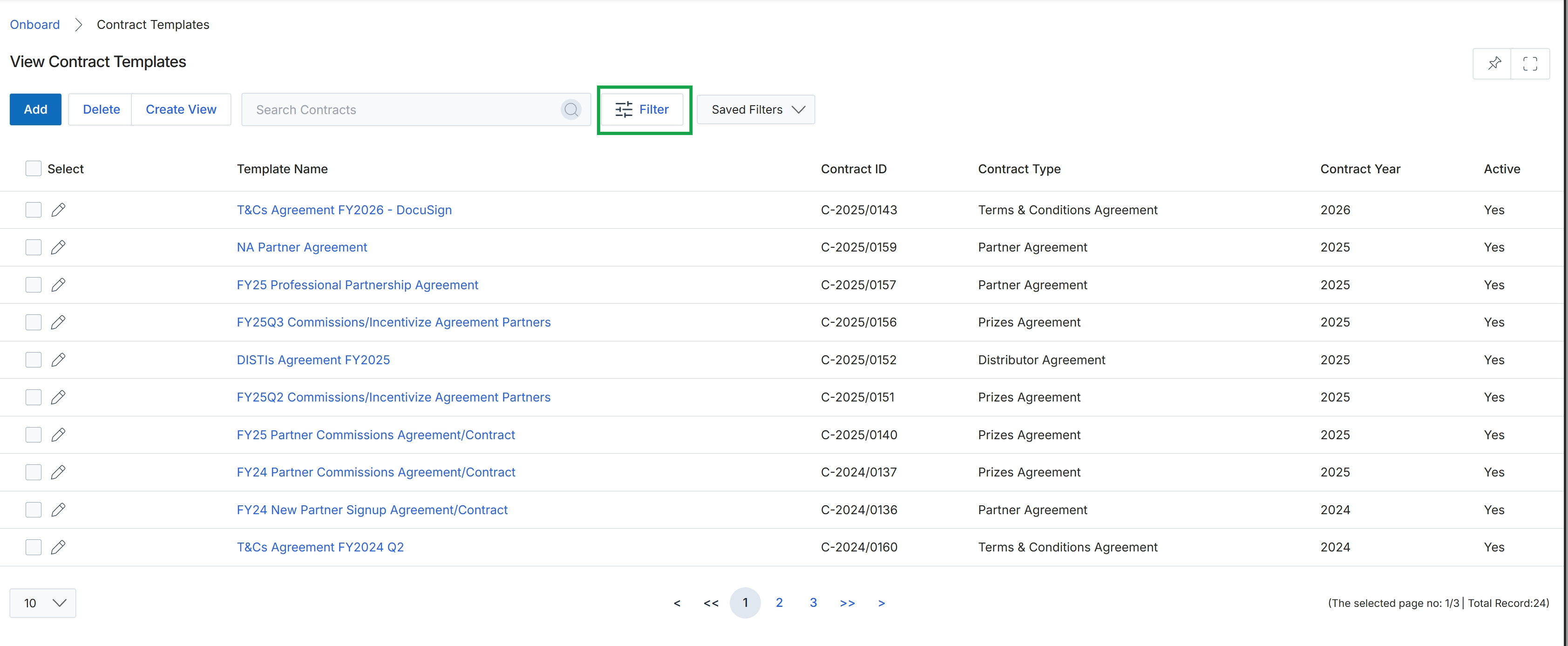 Contract Templates list view