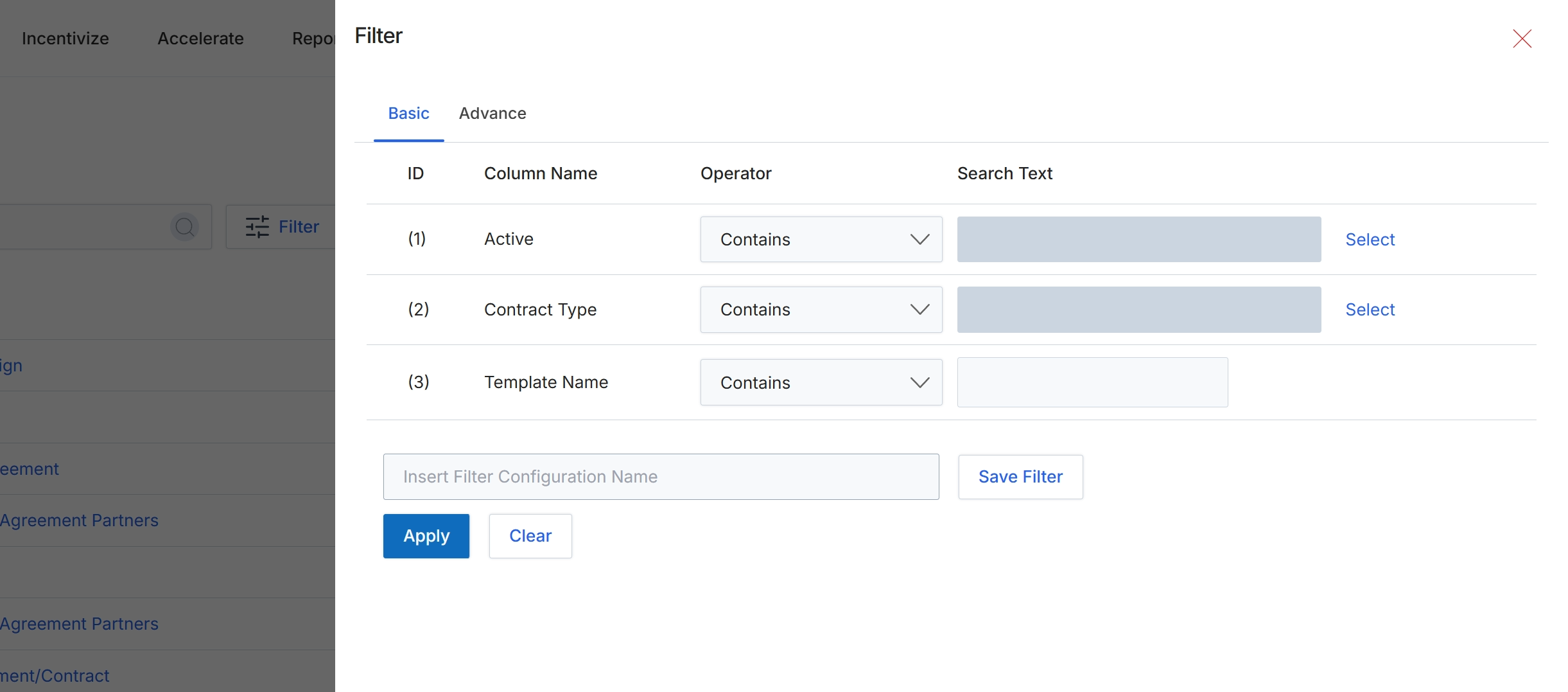 Filter panel with basic options
