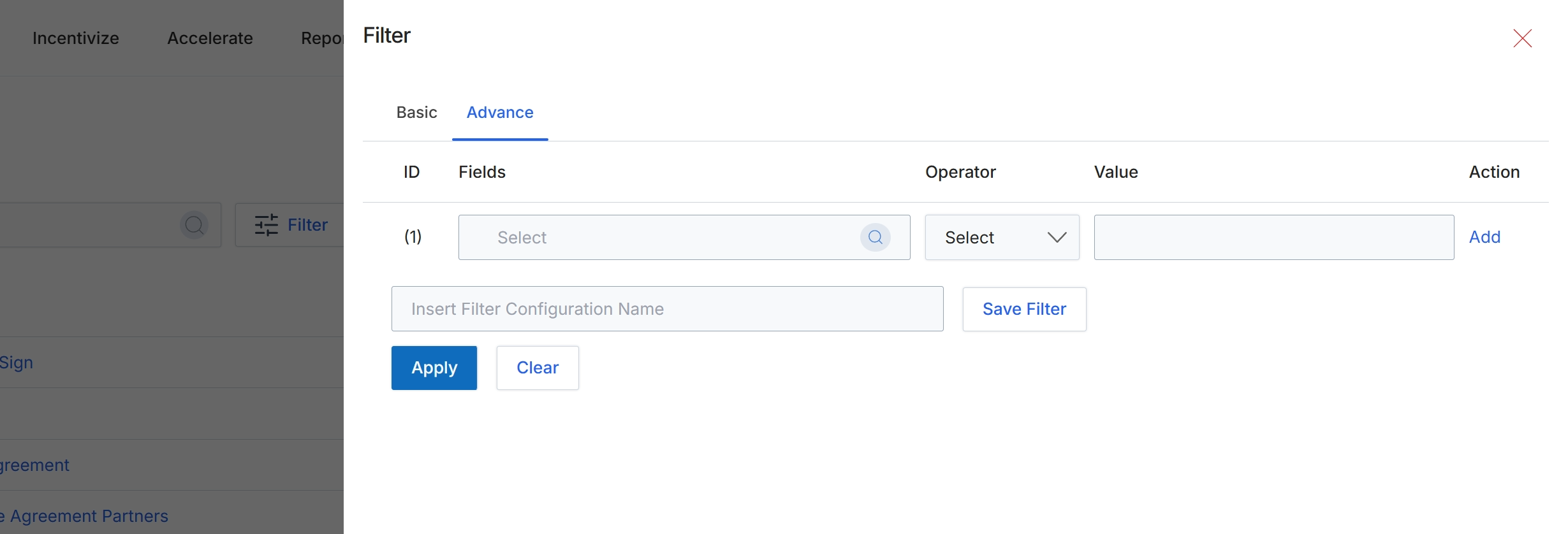Advanced filter configuration panel