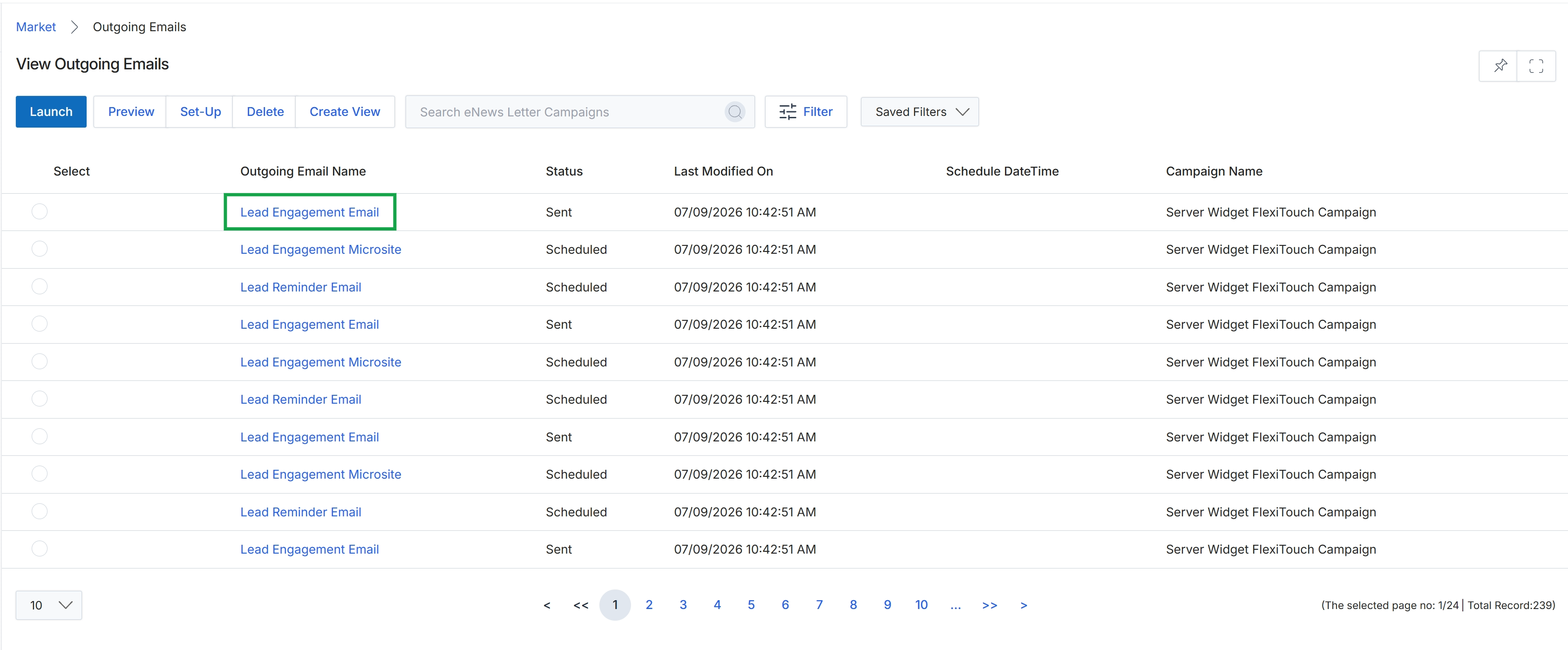 Outgoing Emails list view
