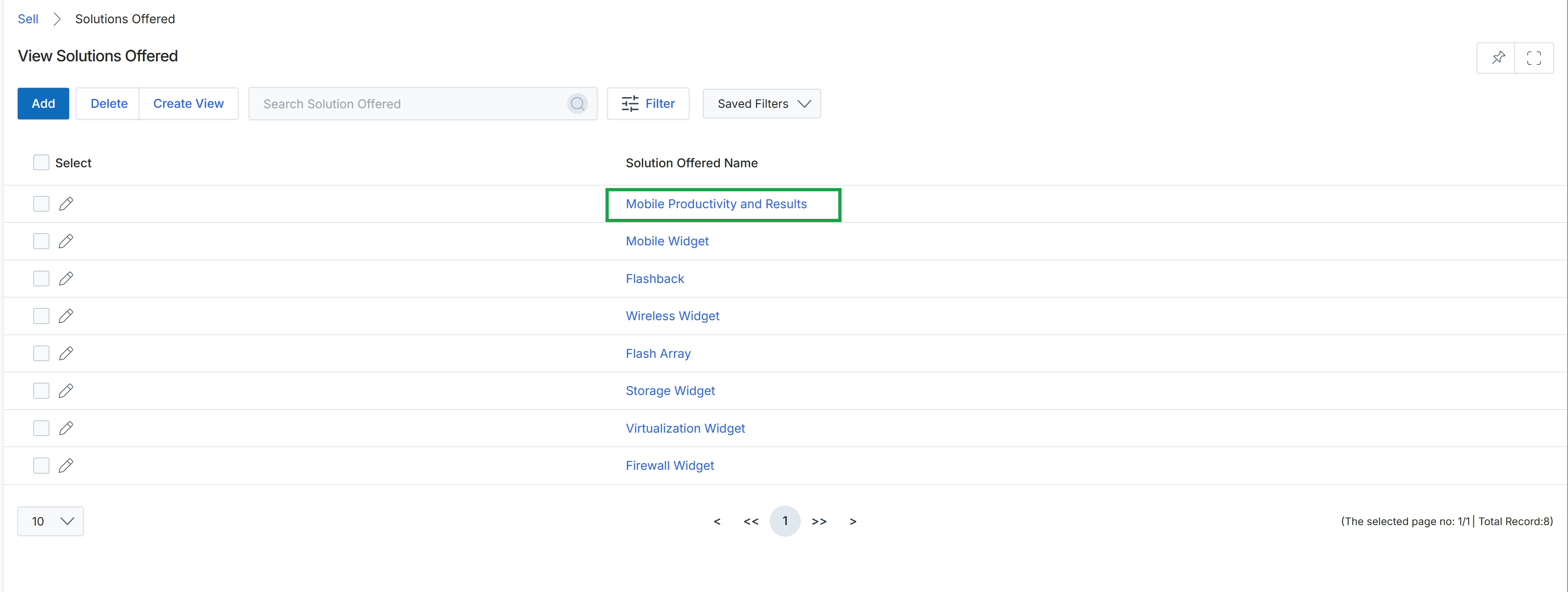 View Solutions Offered list page