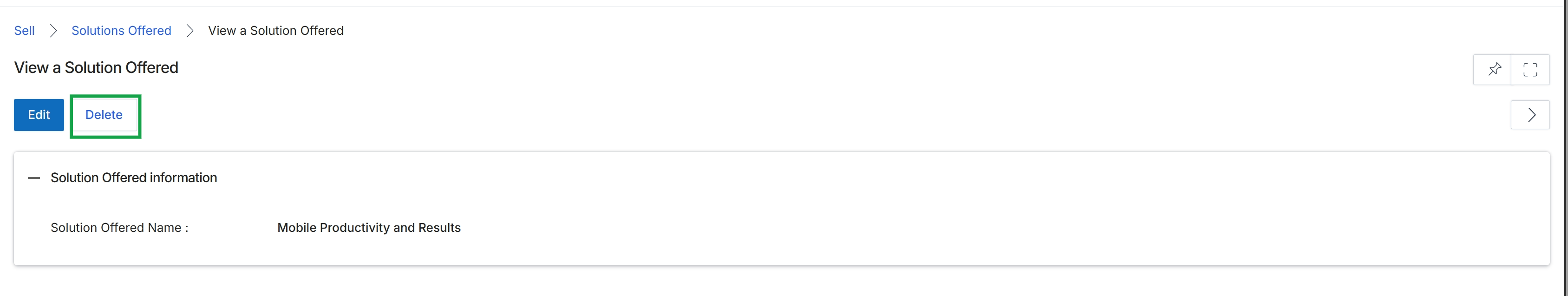 View a Solution Offered page with Delete button highlighted