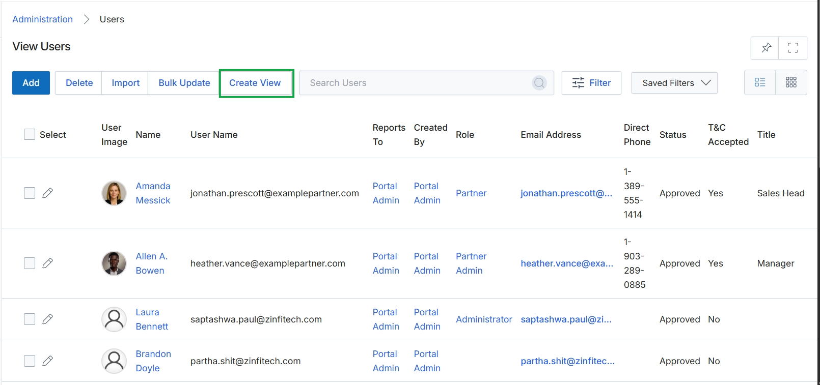 User list view in table format