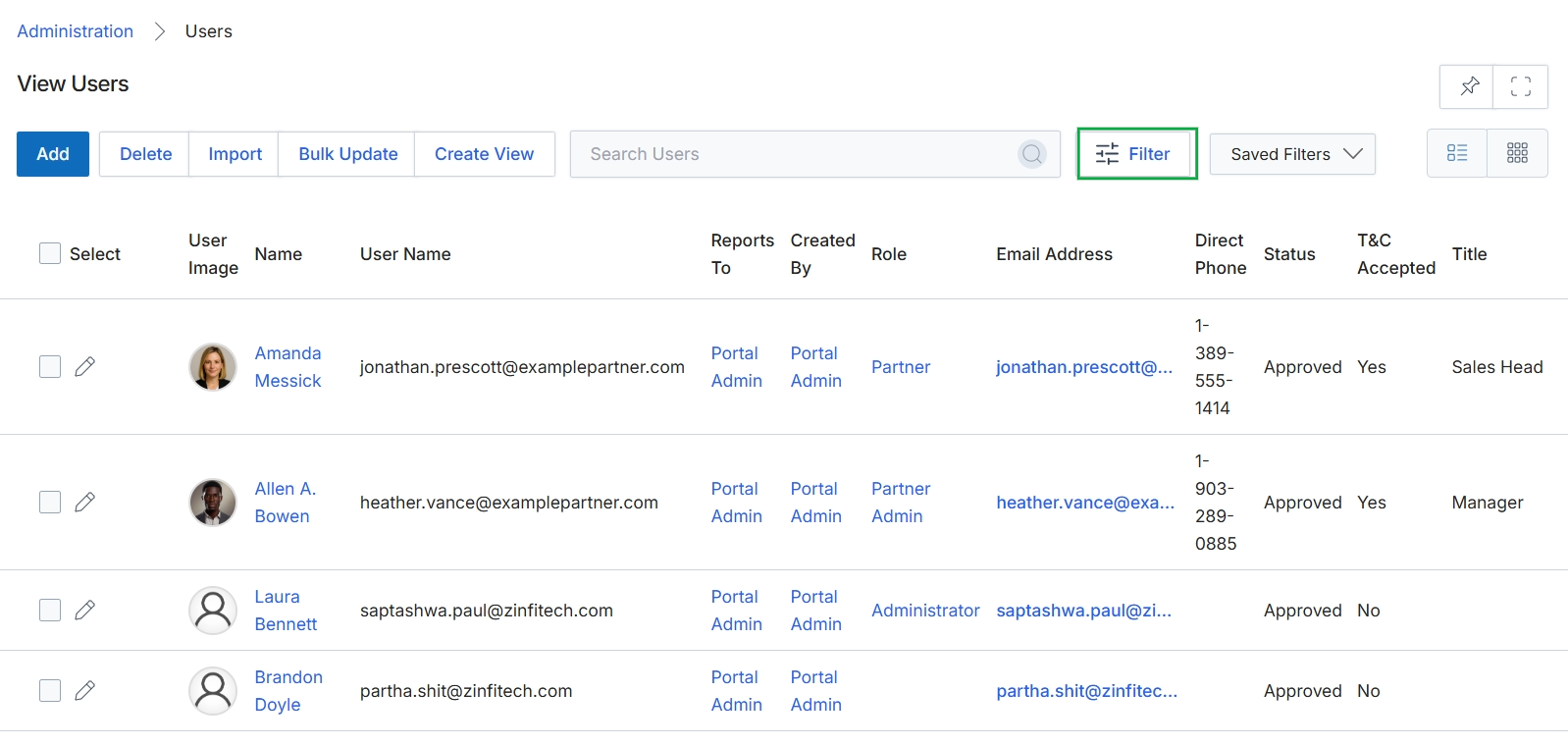 View Users list with Filter button highlighted