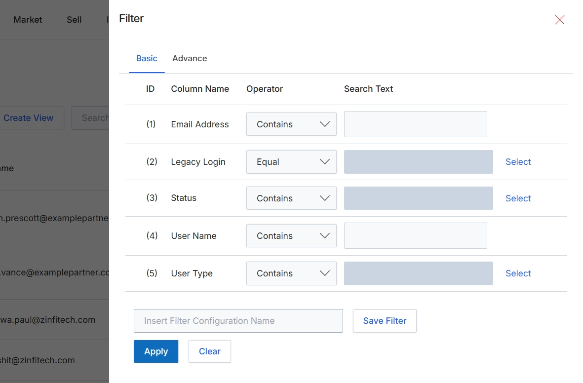 Filter dialog for User Management