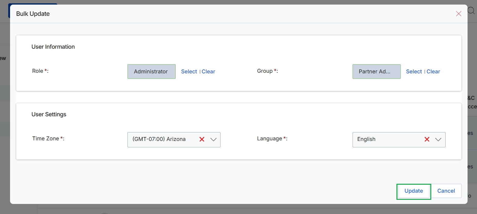 Bulk Update user details dialog