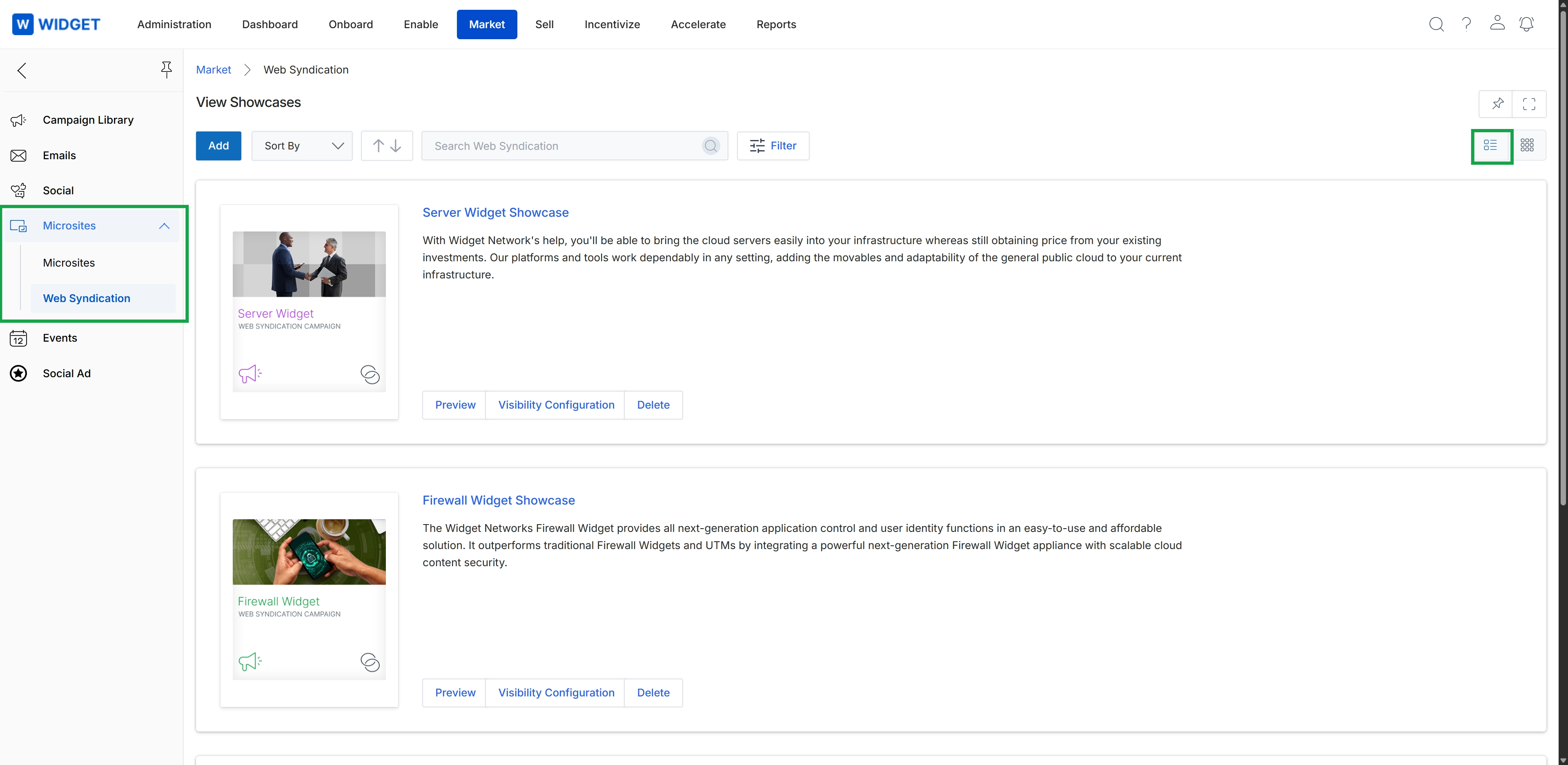 Web Syndication Showcases list view