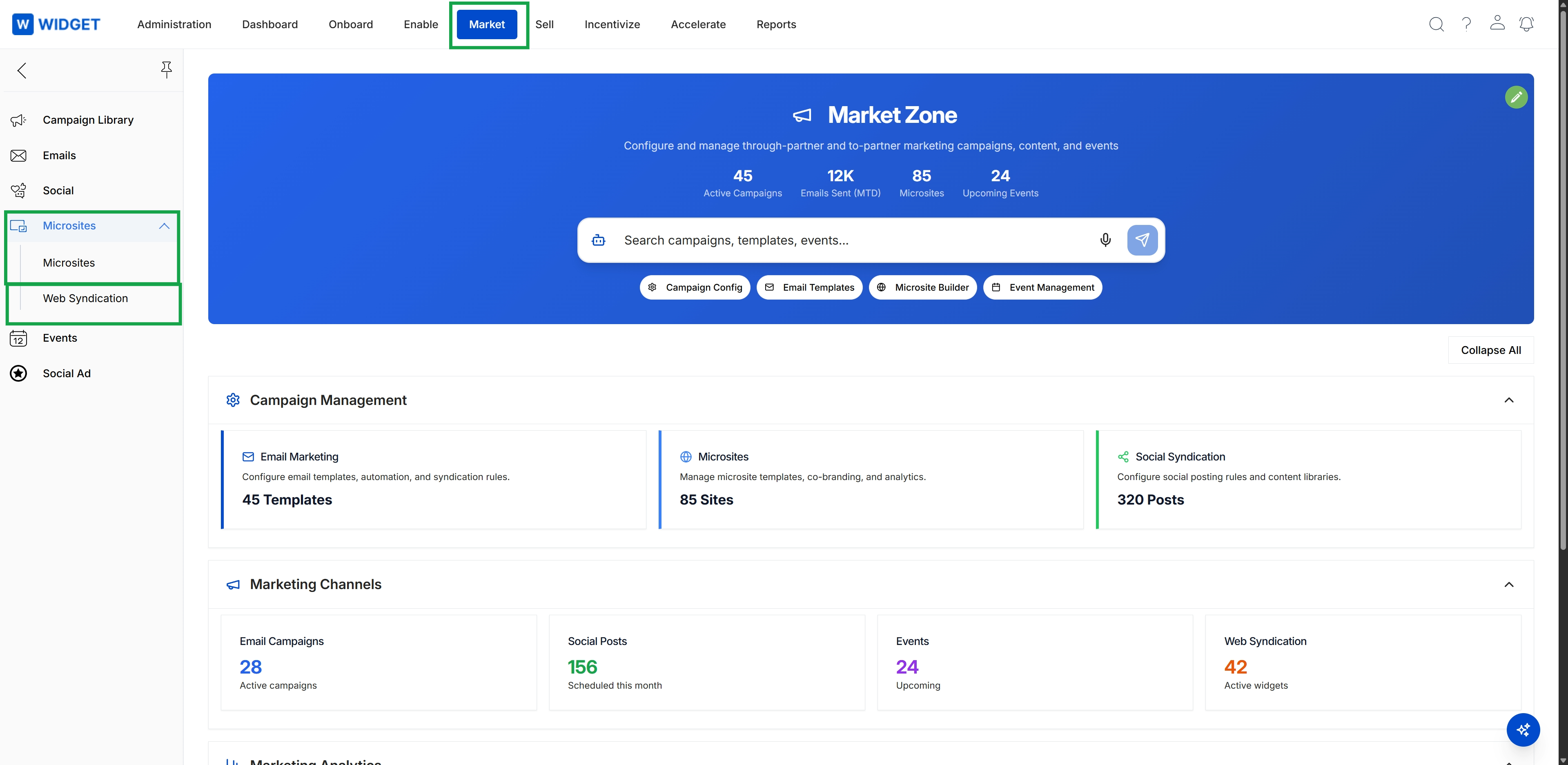 Market module landing page with left navigation expanded