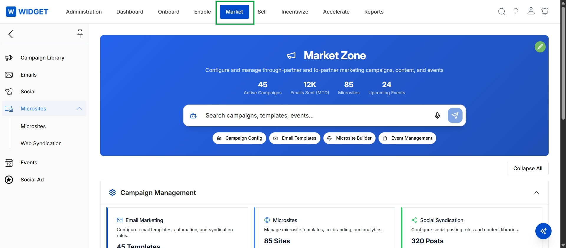 Market Zone landing page with Microsites menu expanded