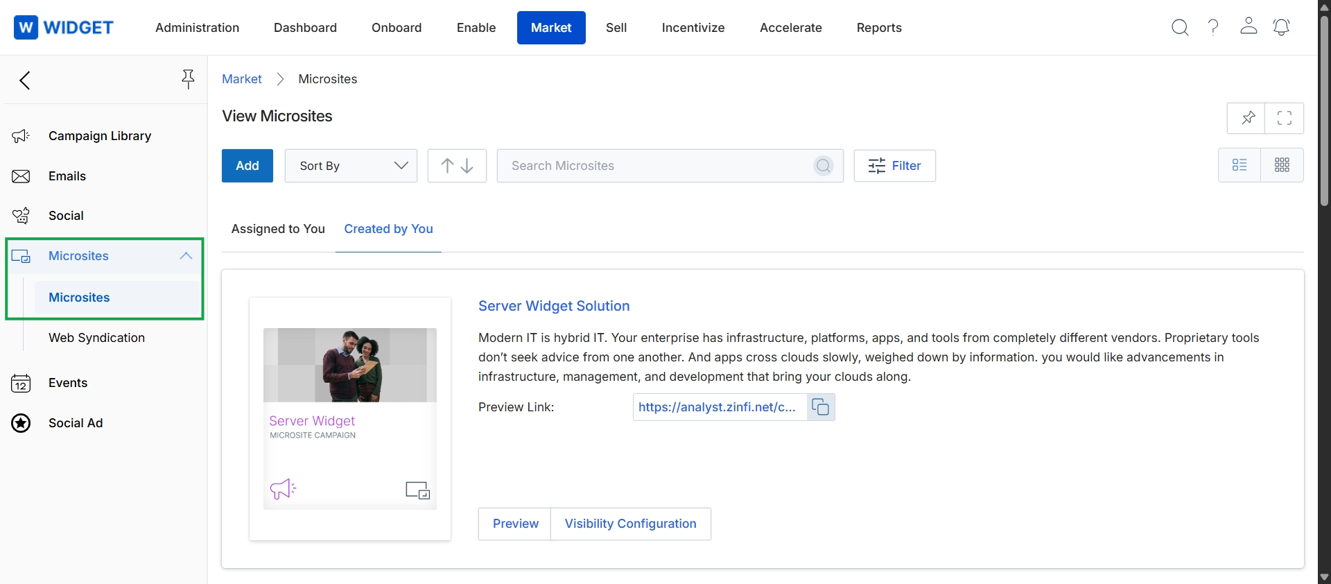 Microsites management interface