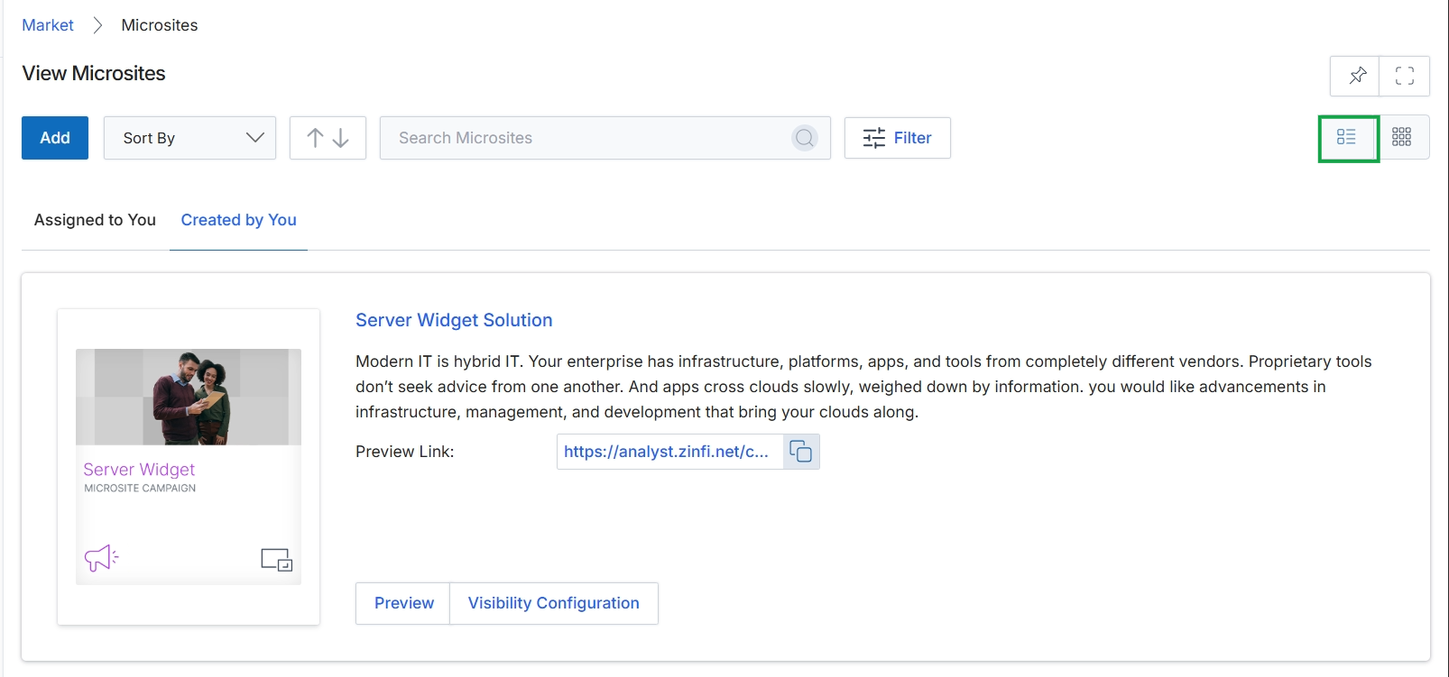 Microsites list view with List view icon highlighted