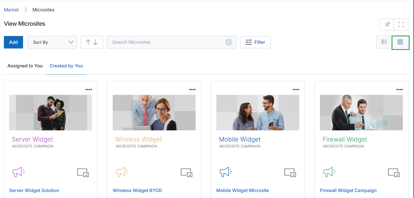 Microsites list in thumbnail view