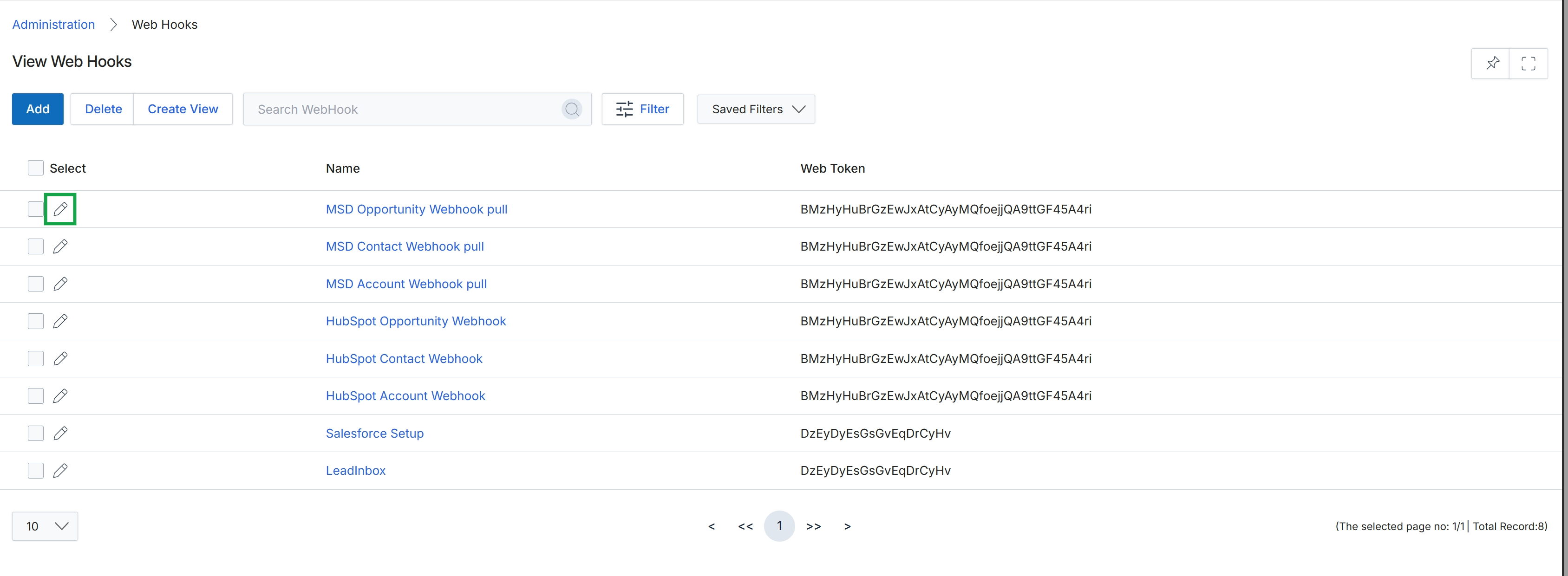 View Web Hooks list with edit icon highlighted
