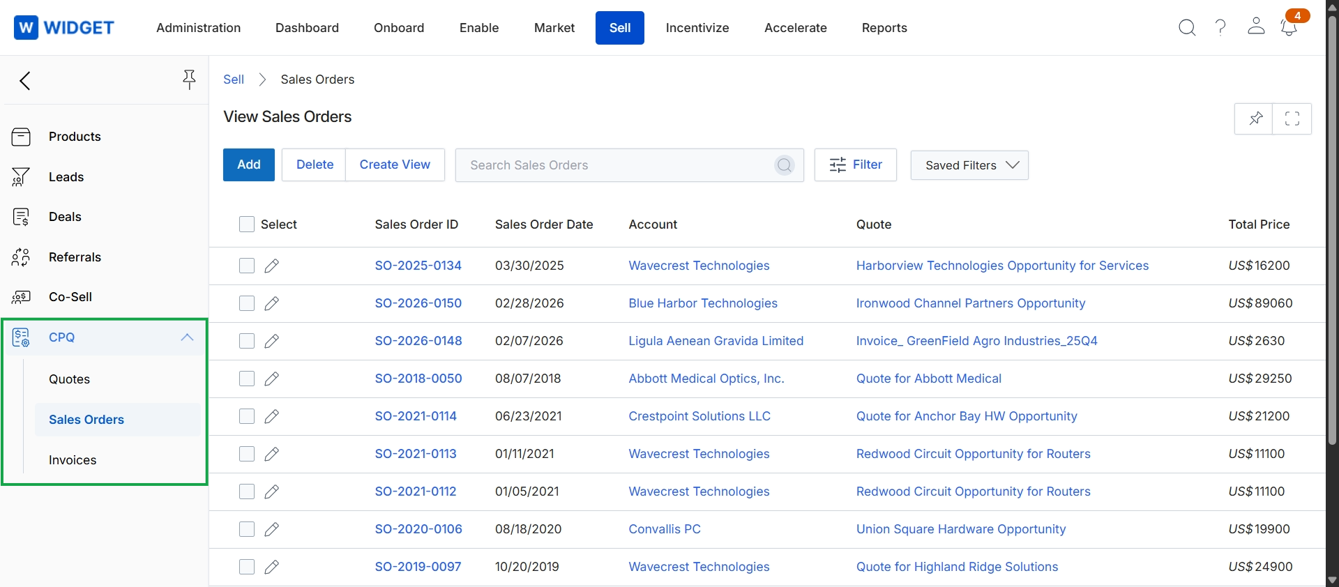 Sell module left navigation with CPQ menu expanded