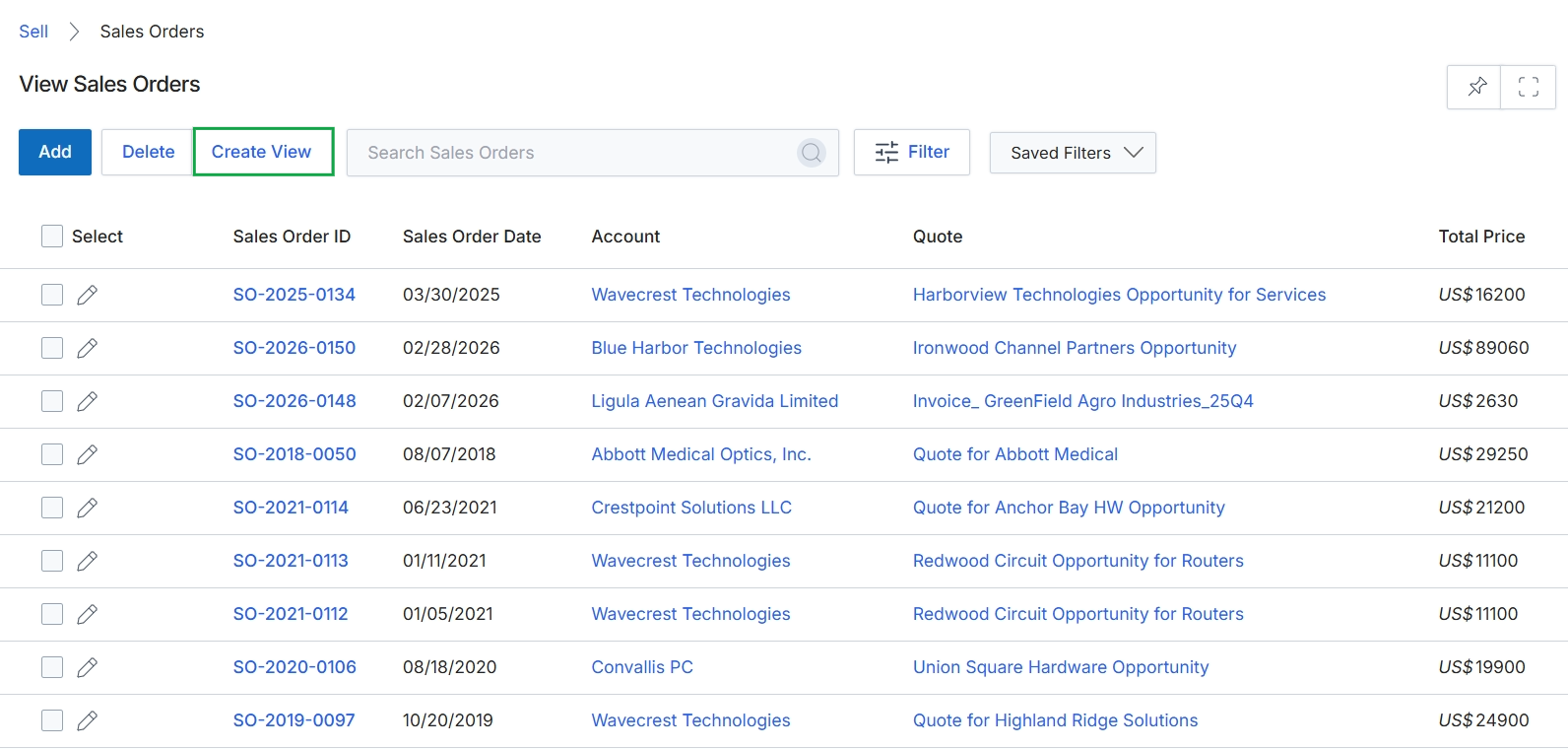 Sales Orders list view