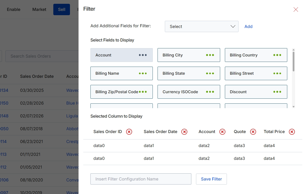 Filter configuration dialog for Sales Orders