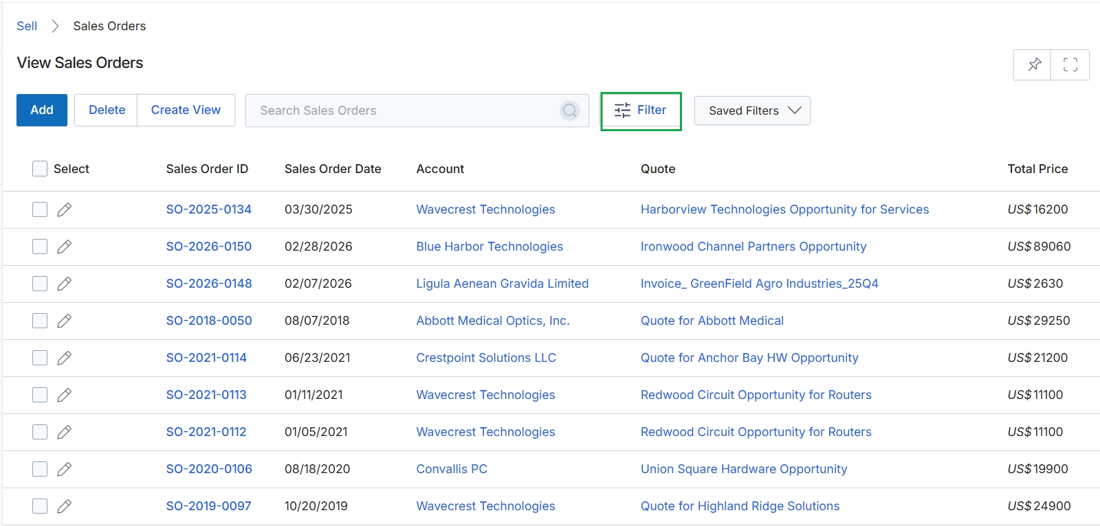 Sales Orders list view