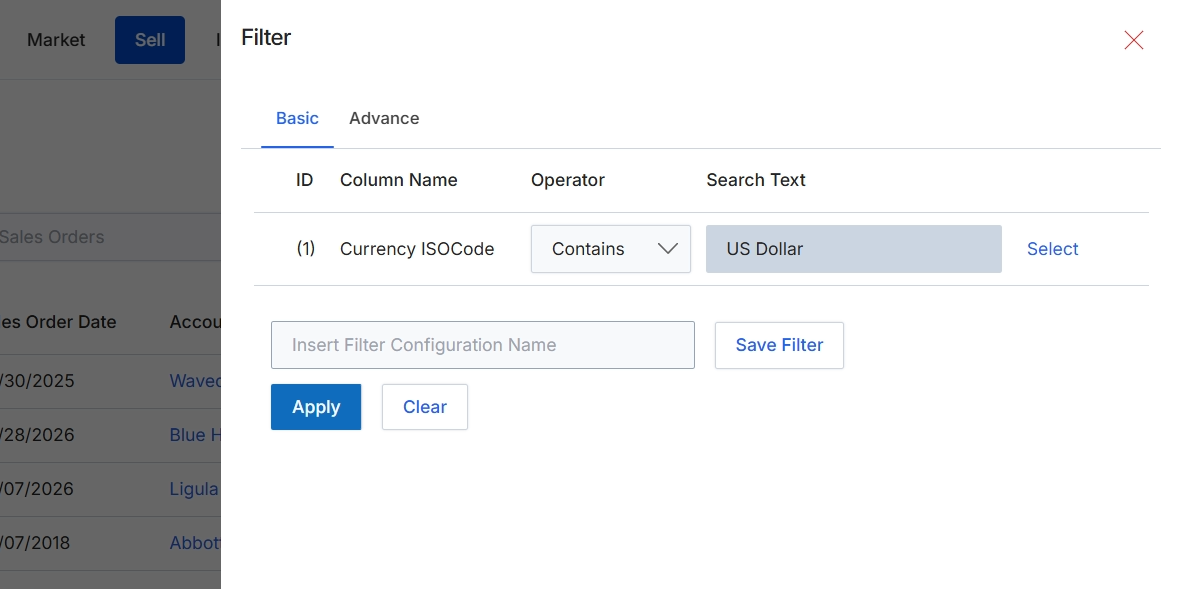 Filter dialog for Sales Orders