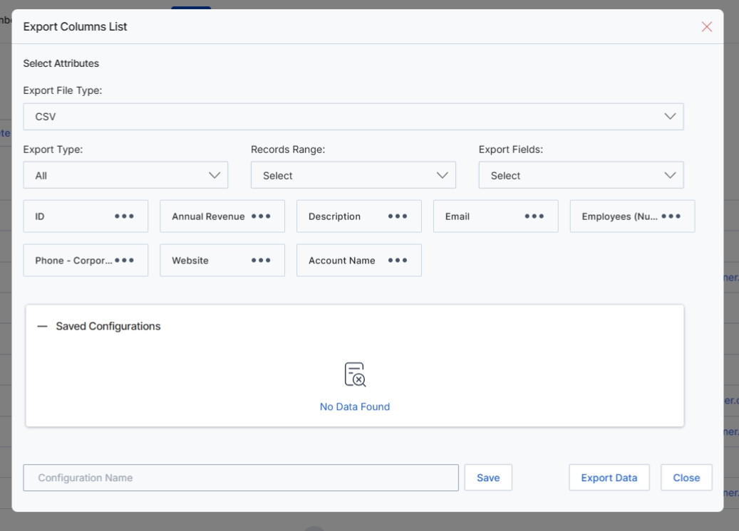 Export Columns List dialog