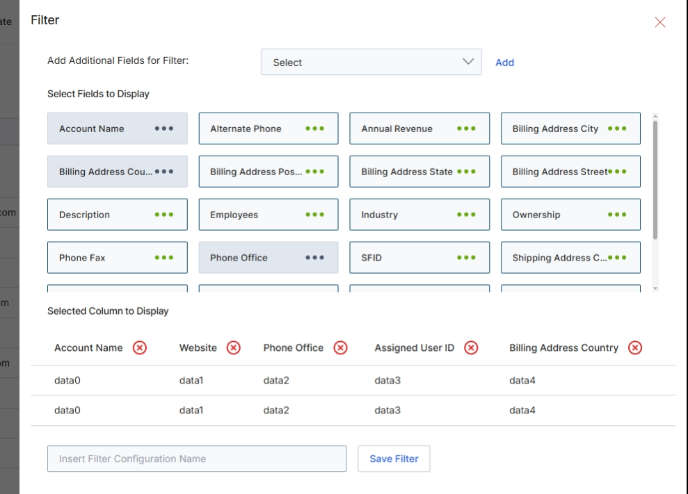 Filter configuration modal for Accounts
