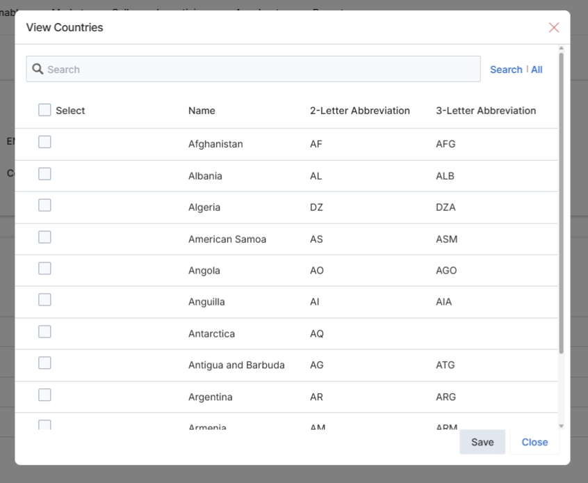 View Countries selection dialog