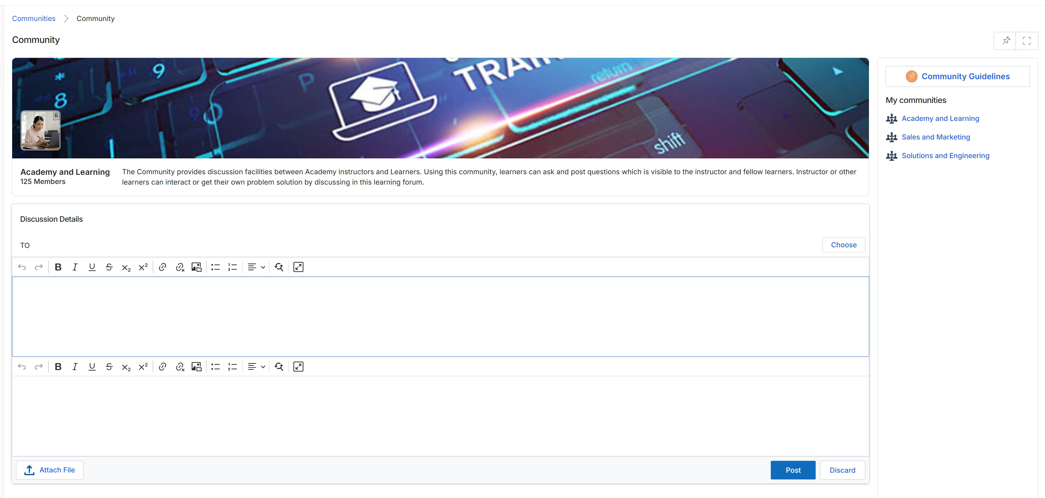 Community detail view with discussion composer