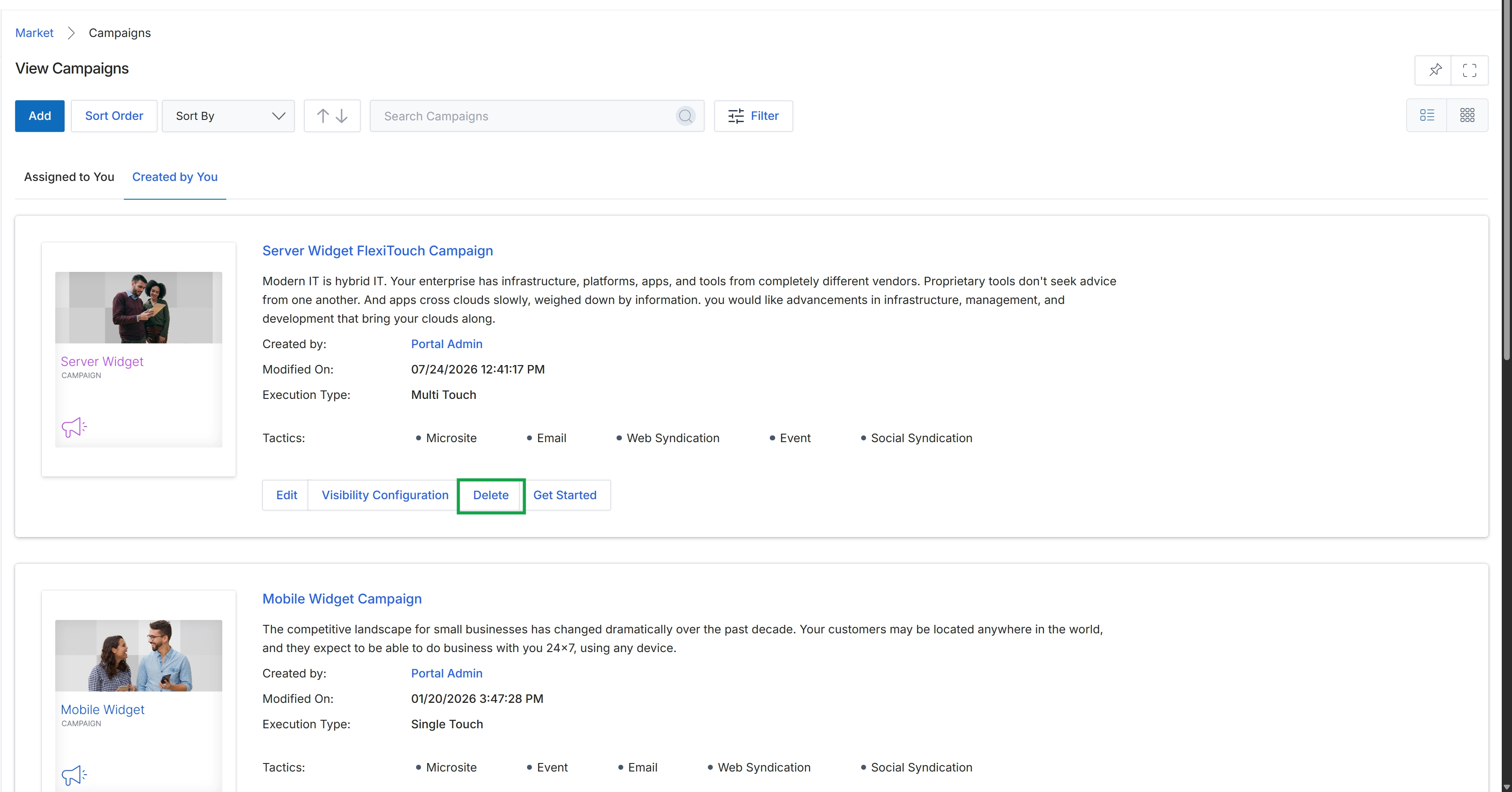 View Campaigns screen with campaign details