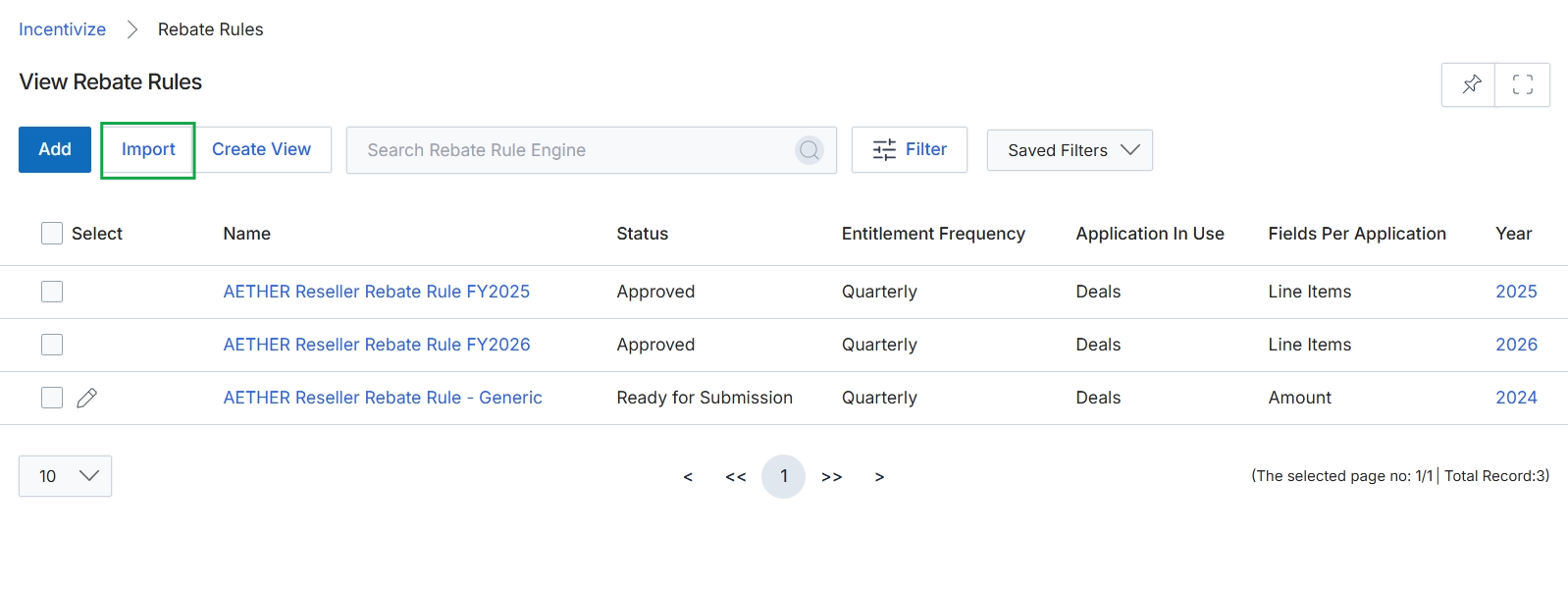 Rebate Rules list view