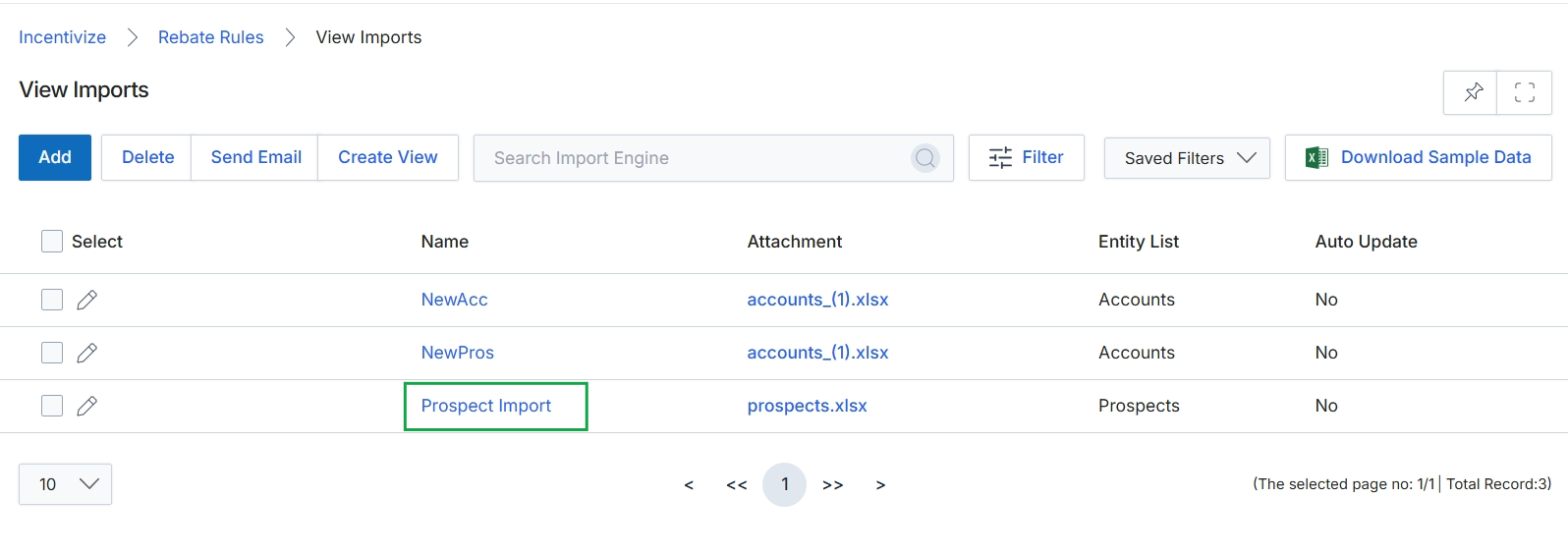 Rebate Rules list view with Import button highlighted