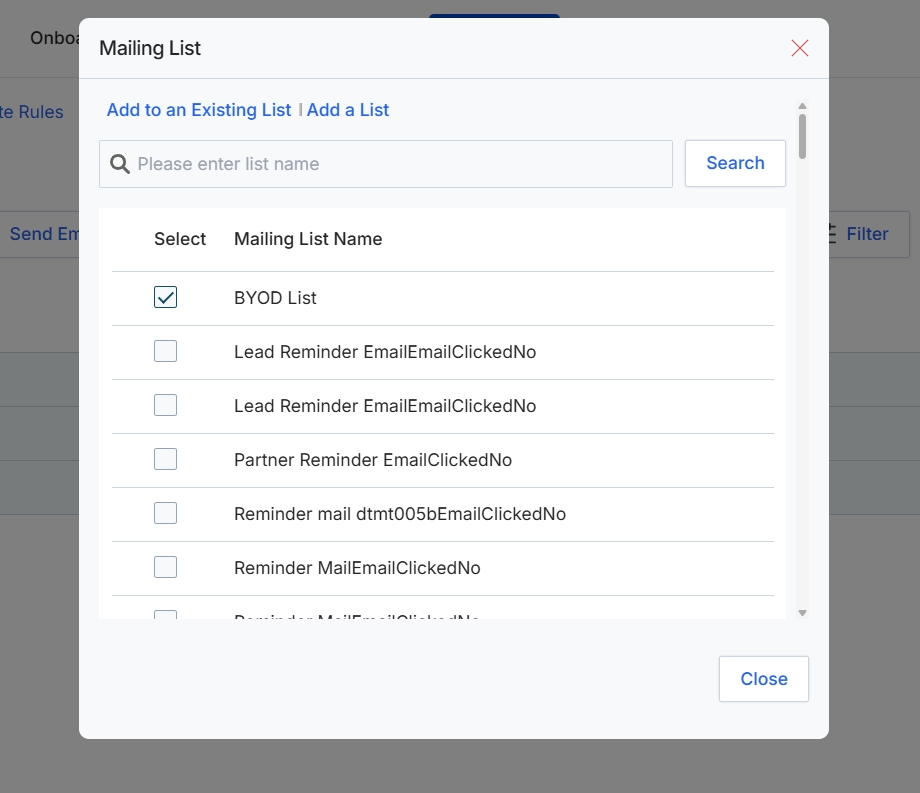 Mailing List selection modal