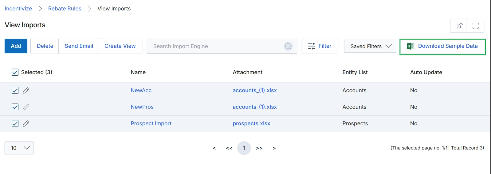 View Imports page with Download Sample Data button highlighted