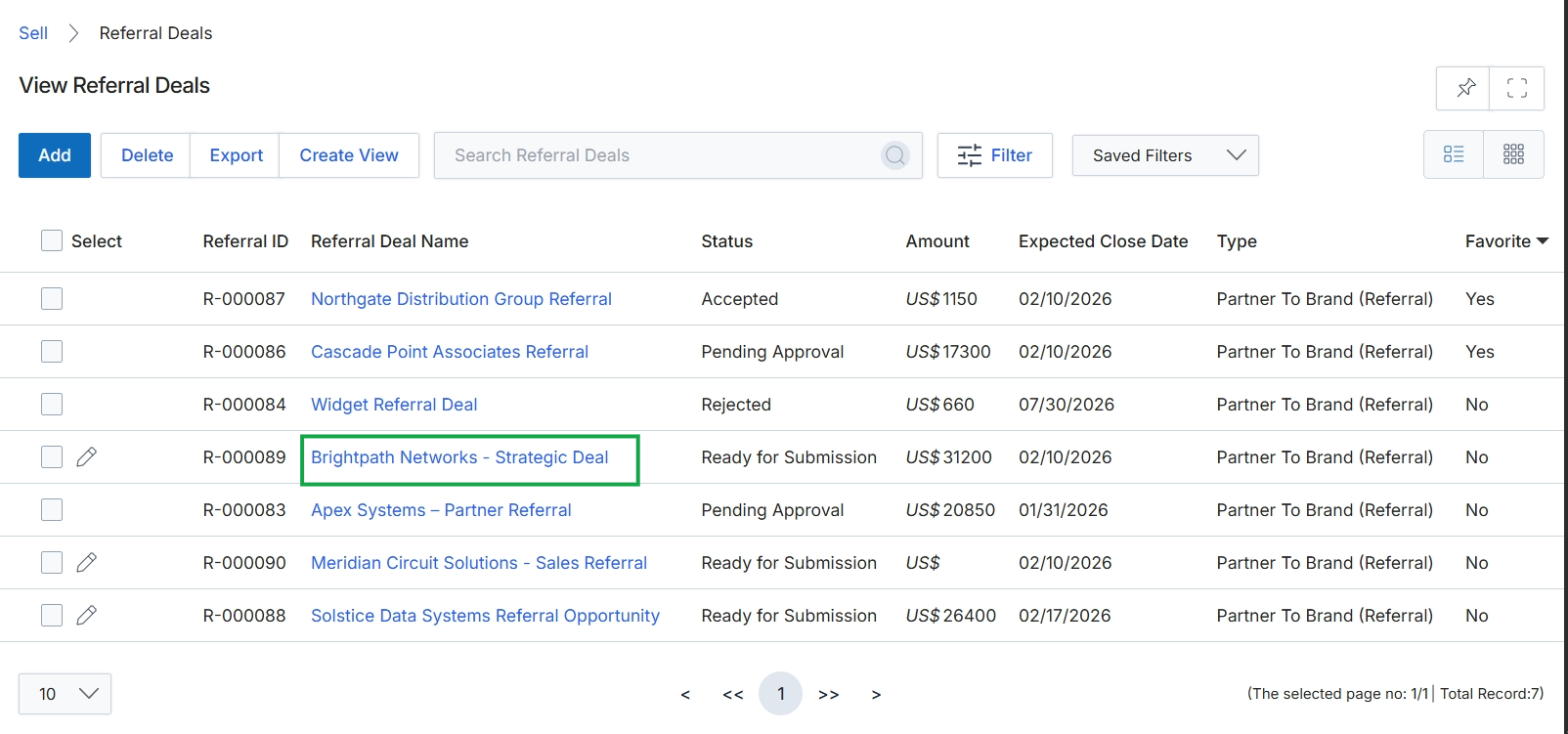 Referral Deals list view